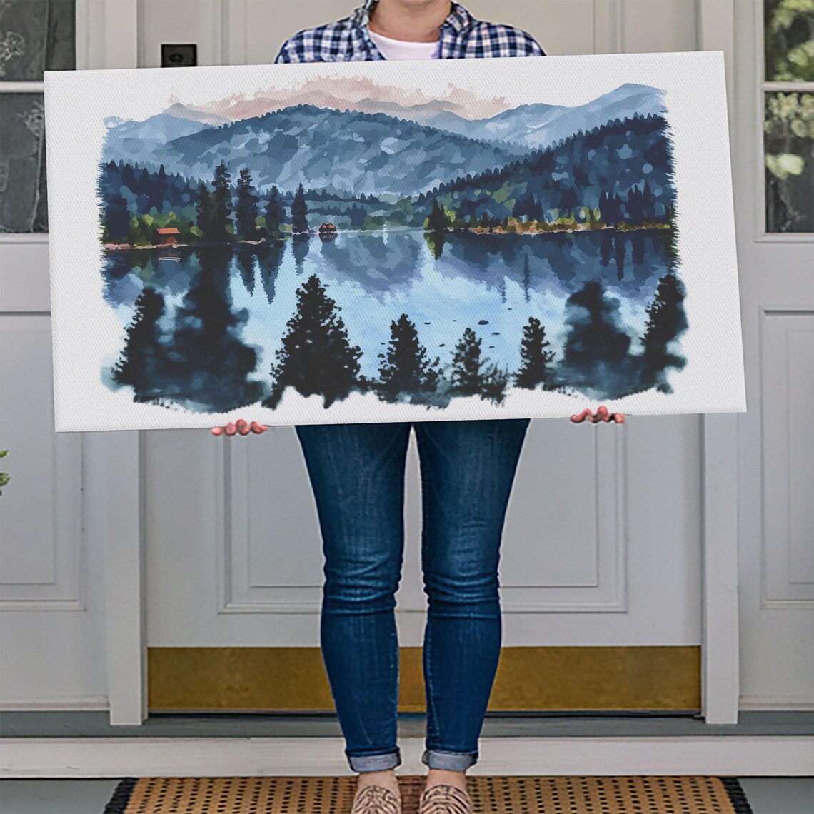 Blue Mountain Lake Watercolor Pine Reflection Cabins Nature Poster - Image 4