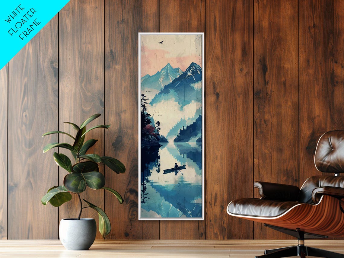 Rowboat Misty Lake Blue Mountains Reflection Serene Ukiyo E Poster - Image 3