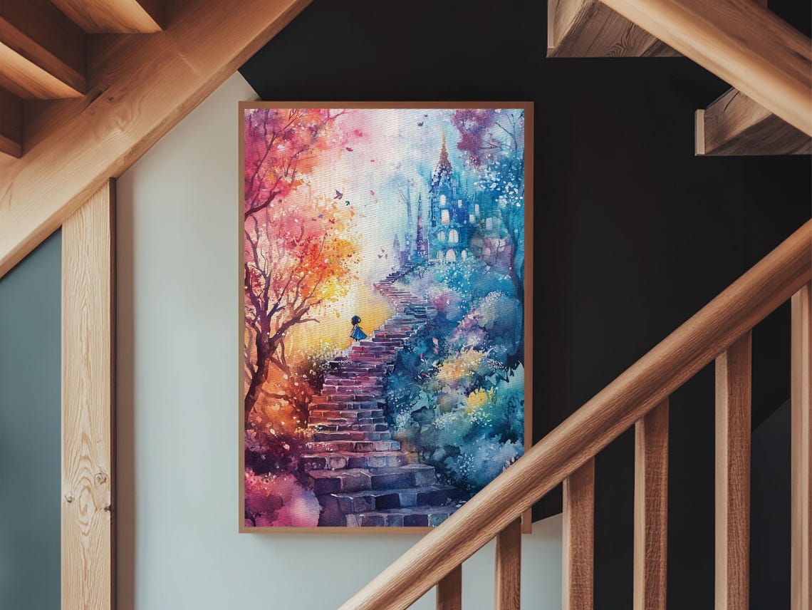 Whimsical Autumn Staircase Castle Fairy Tale Watercolor Art Print - Image 3