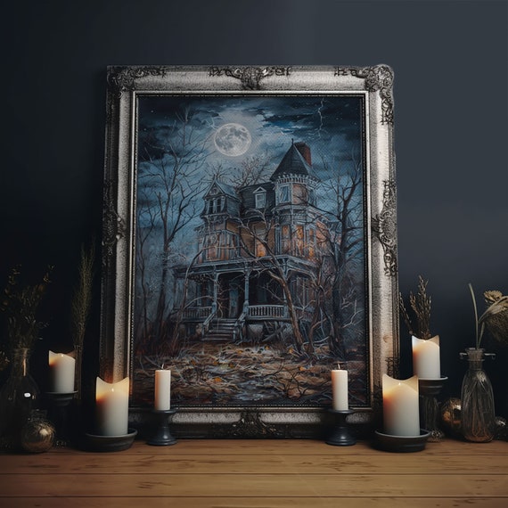 Abandoned House Under Moon, Halloween Art Print