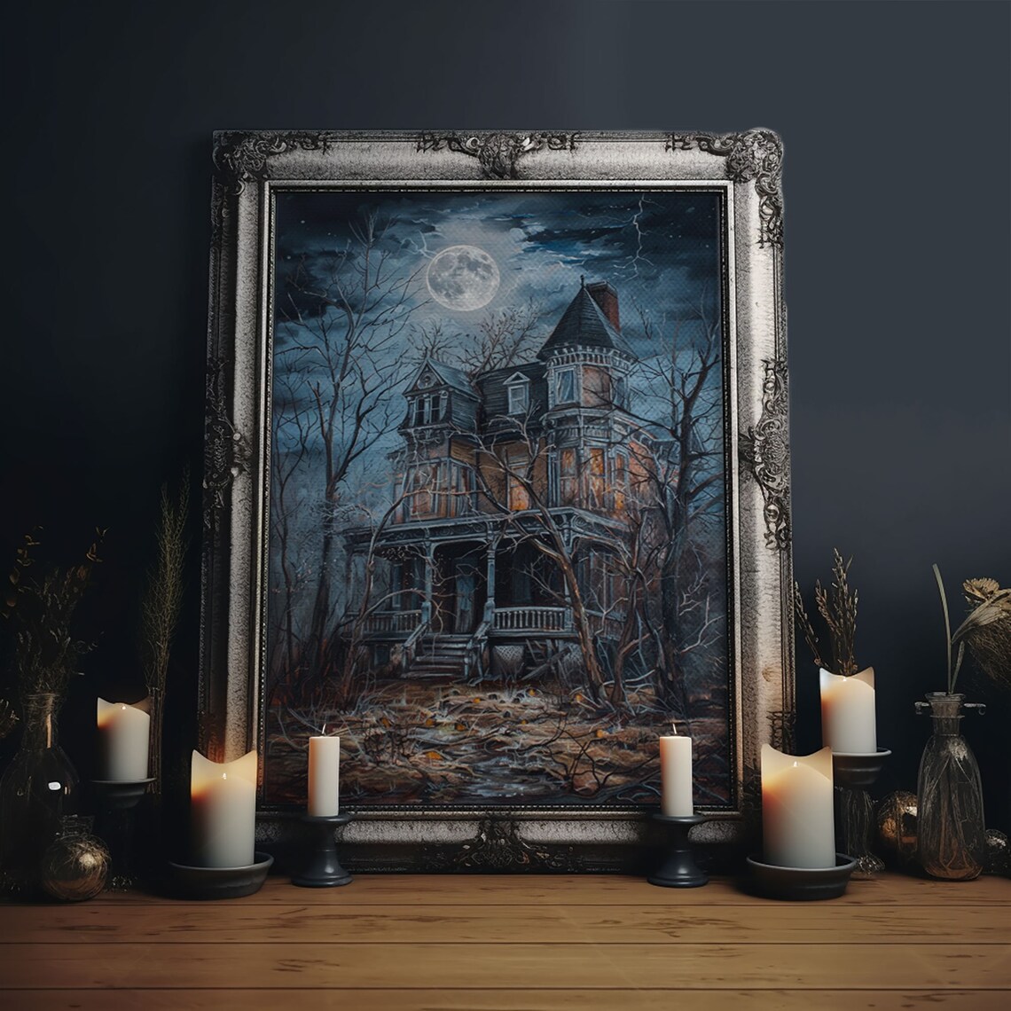 Abandoned House Under Moon, Halloween Art Print