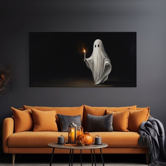 Ghost Holding Burning Candle In The Dark Panoramic Halloween Print