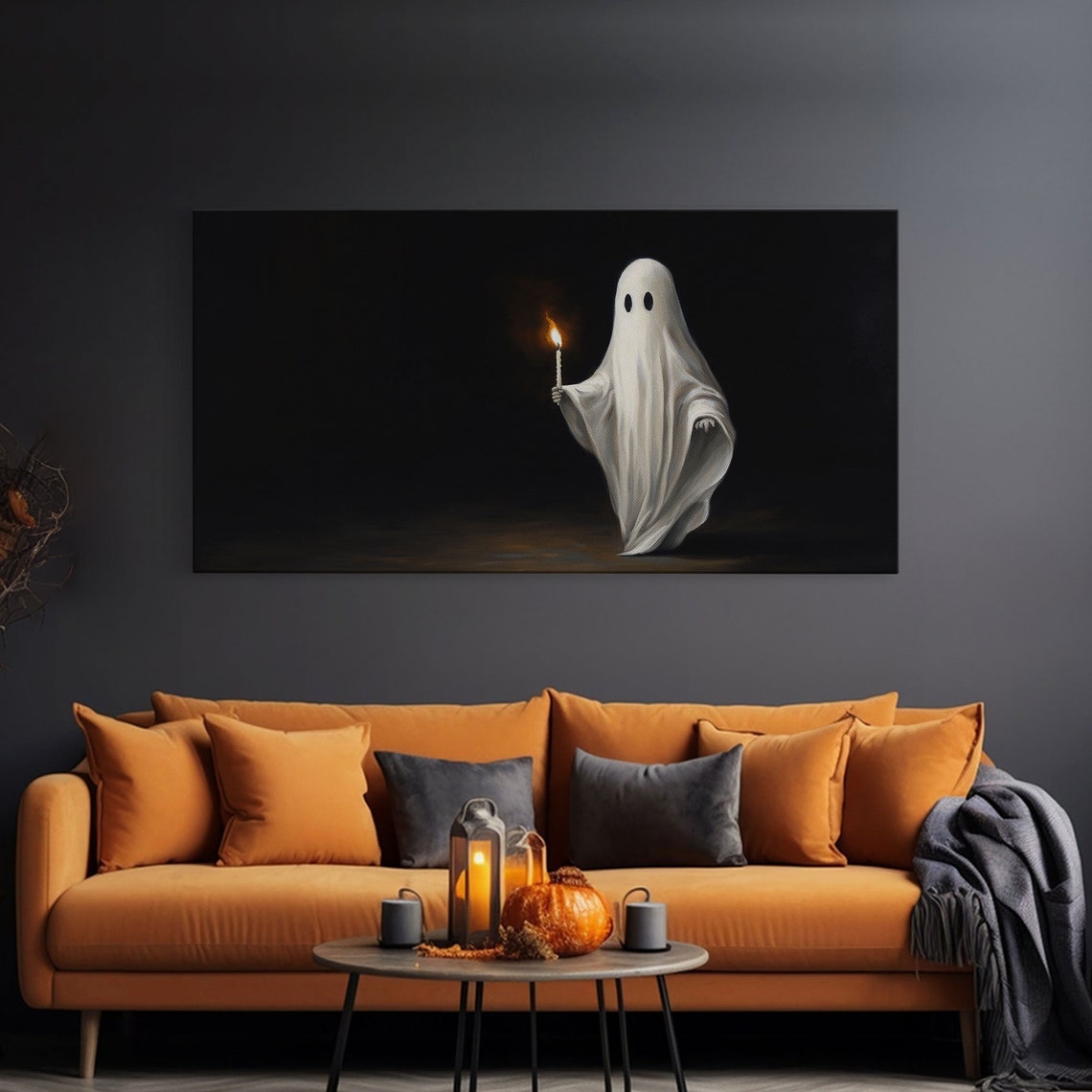 Ghost Holding Burning Candle In The Dark Panoramic Halloween Print