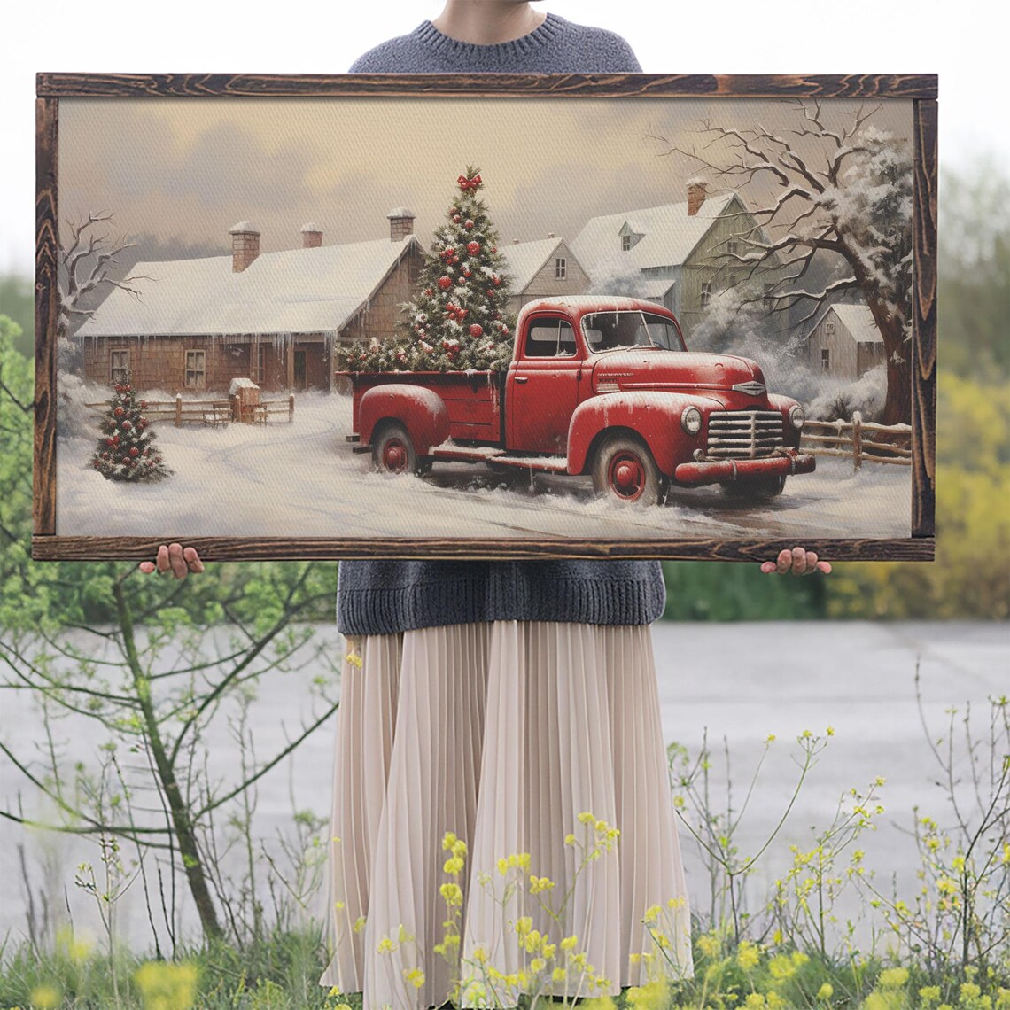 Retro Red Truck Delivering Christmas Tree To Barn In Snowfall Poster - Image 2