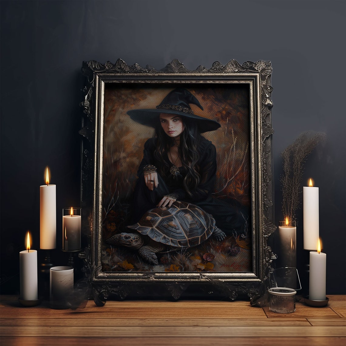 Witch And Tortoise In Autumn Forest Enchanting Dark Fantasy Art Poster - Image 6
