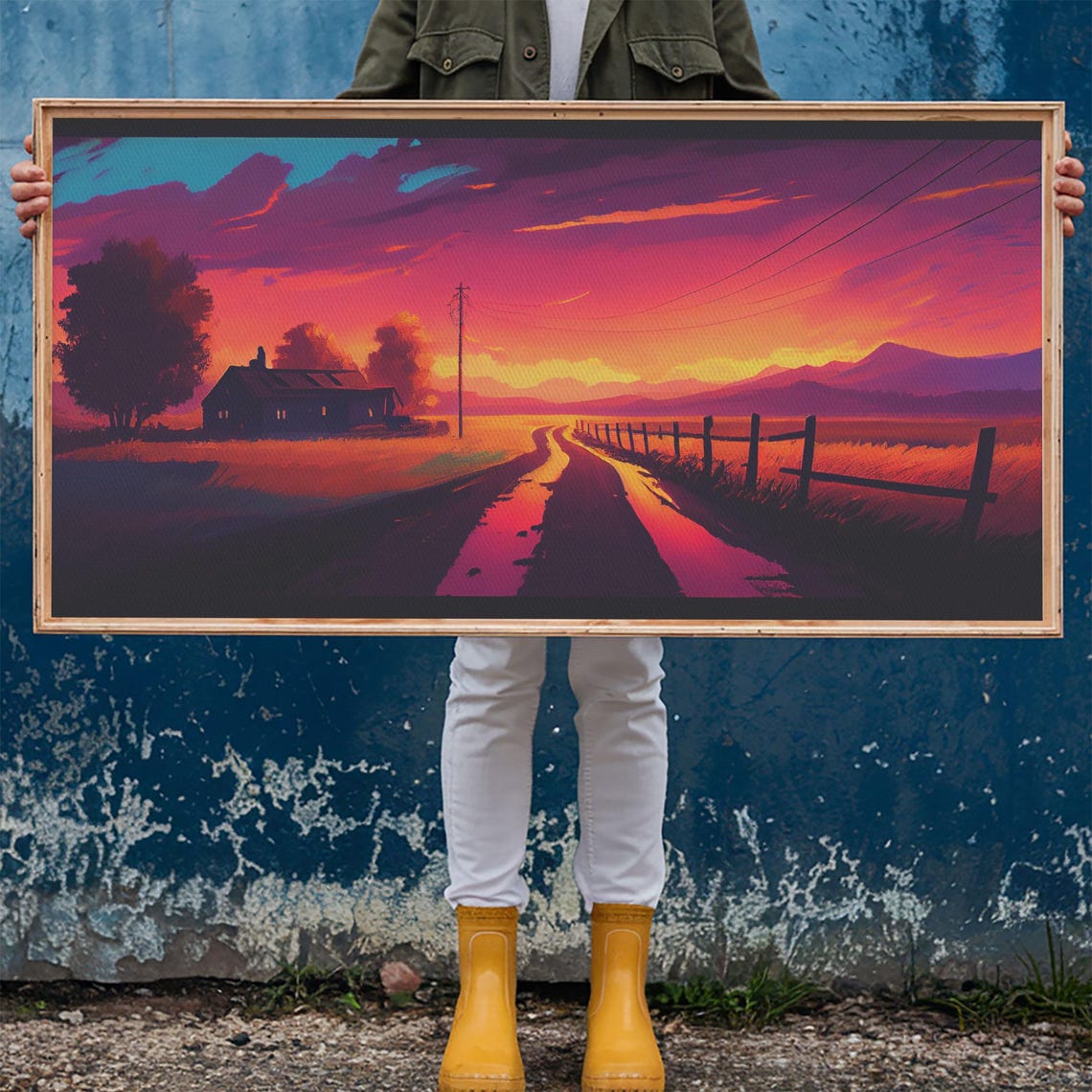 Synthwave Farmhouse Sunset Dirt Road Neon Purple Orange Sky Wall Art - Image 6