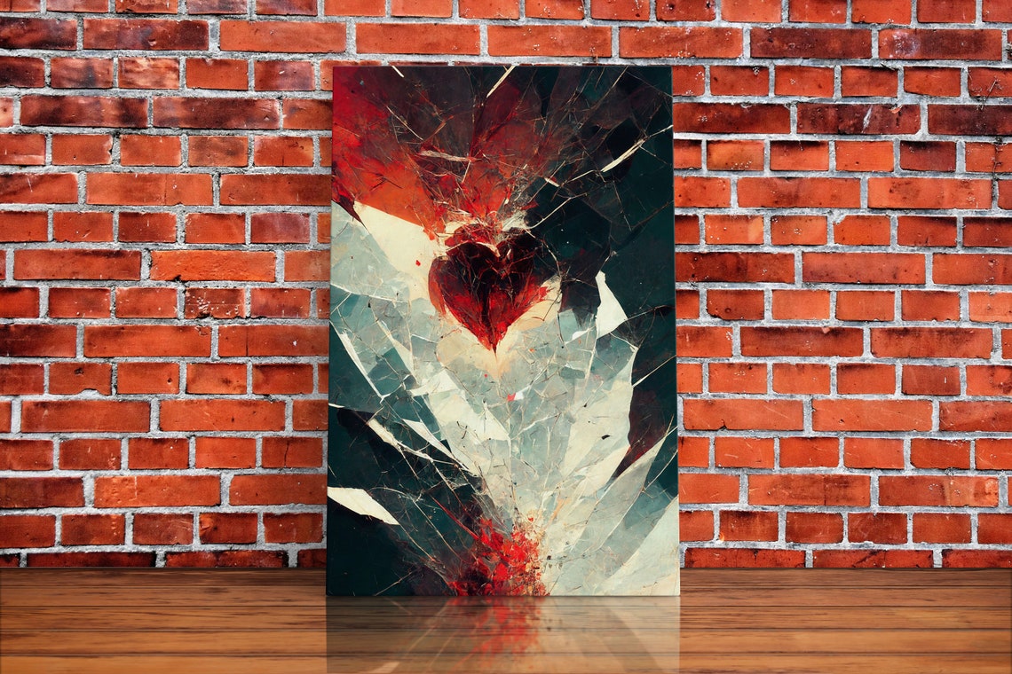 Abstract Shattered Glass Broken Heart In Red Black White Modern Print - Image 2