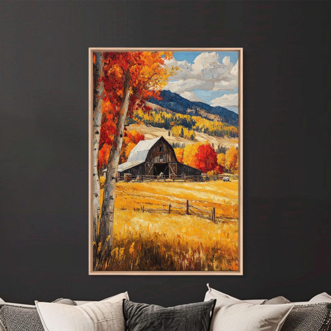 Countryside Barn In Autumn With Birch Trees Mountain Scene Poster - Image 5