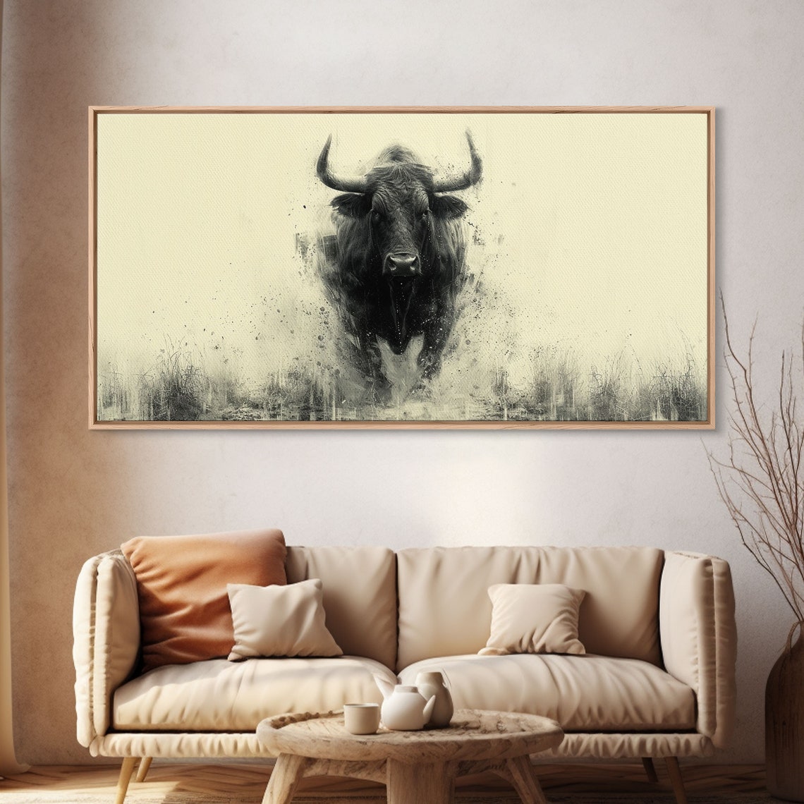 Charging Black Bull Ink Sketch Dramatic Western Style Poster - Image 4