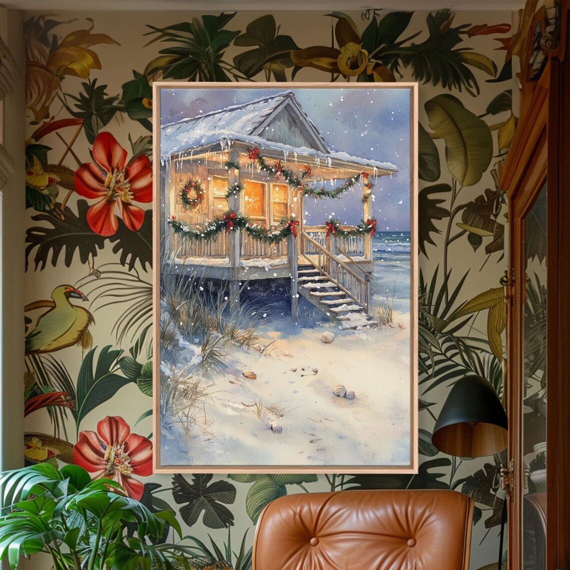 Snowy Beach Cottage Christmas Wreaths Ocean Glow Scene Poster