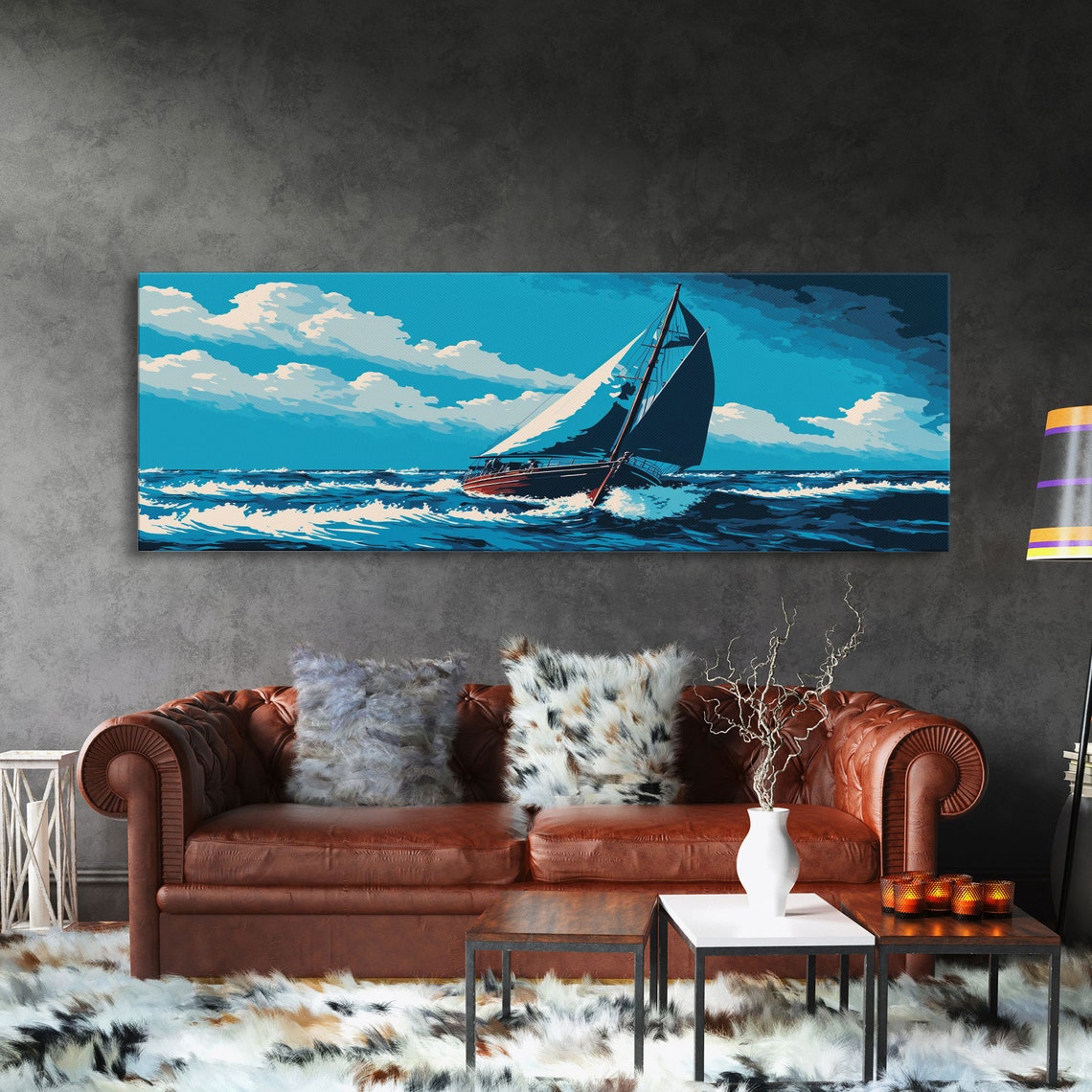 Panoramic Sailboat Blue Ocean Waves Full Sails Sunny Sky Wall Poster - Image 3