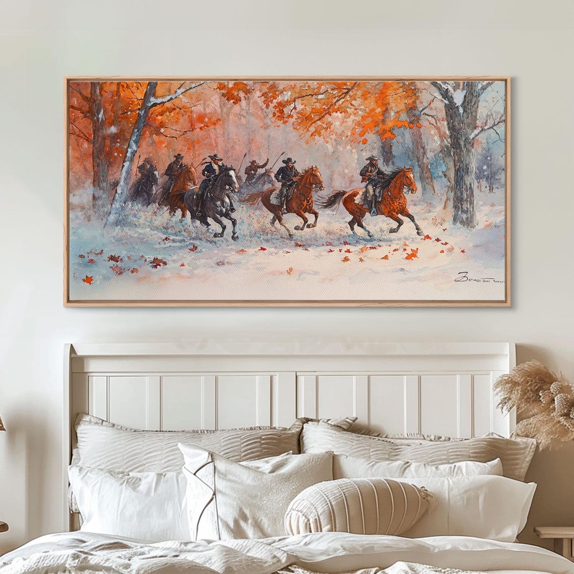 Cowboys Galloping Through Snowy Autumn Forest Storm Art Print - Image 6