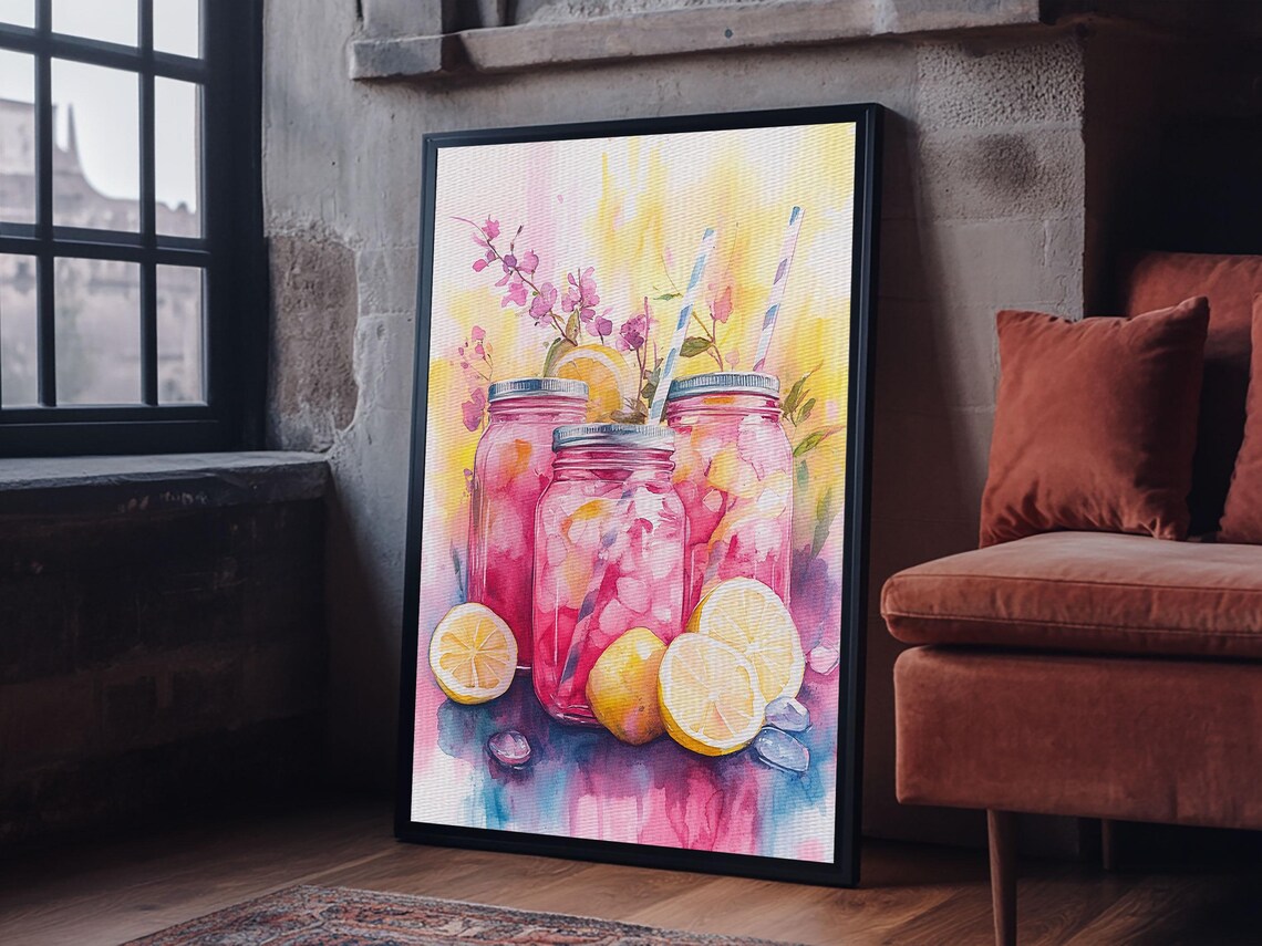 Pink Lemonade Mason Jars Watercolor Summer Kitchen Art Print - Image 6