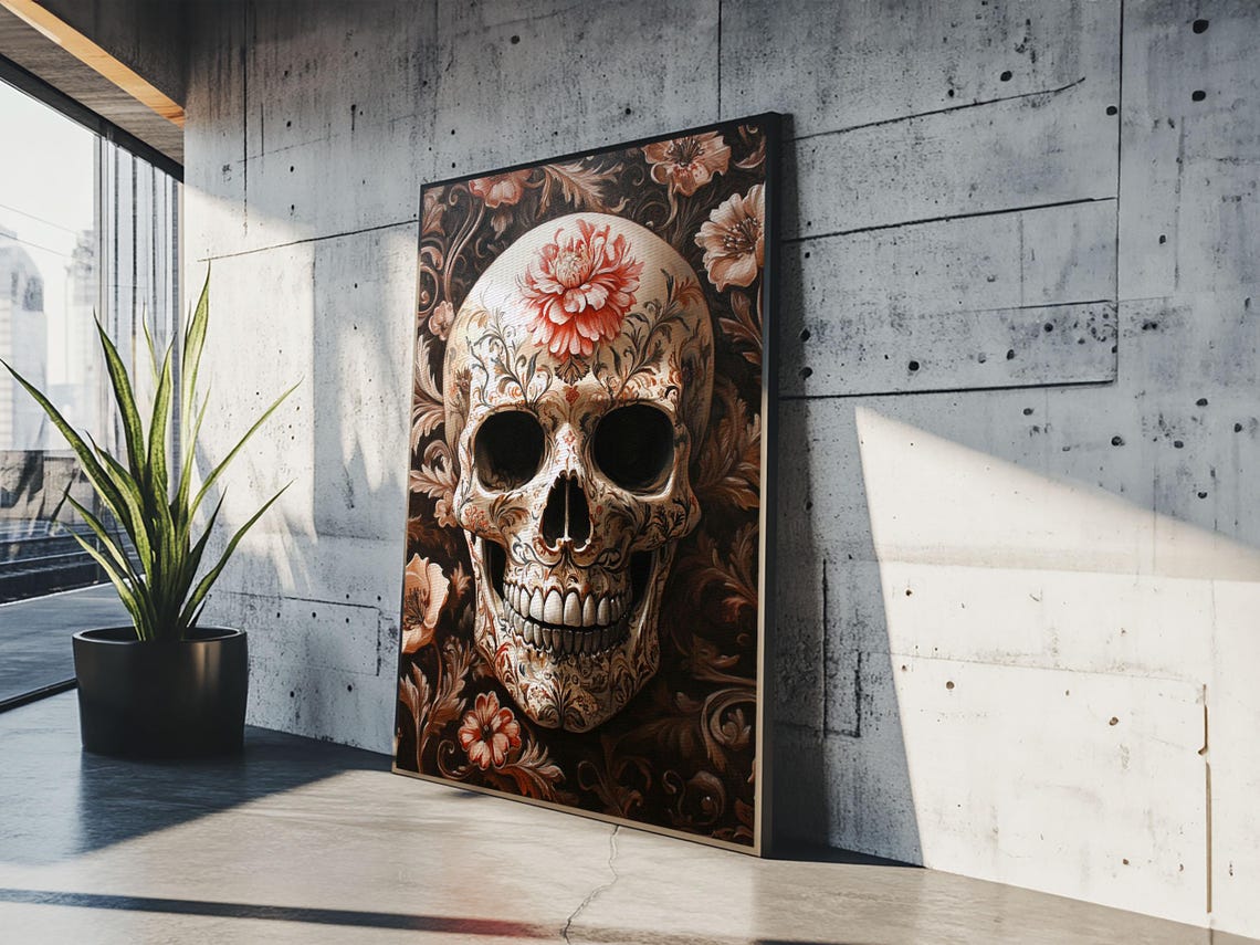 White Floral Skull Blossom Gothic Dark Botanical Skull Wall Art Poster - Image 5