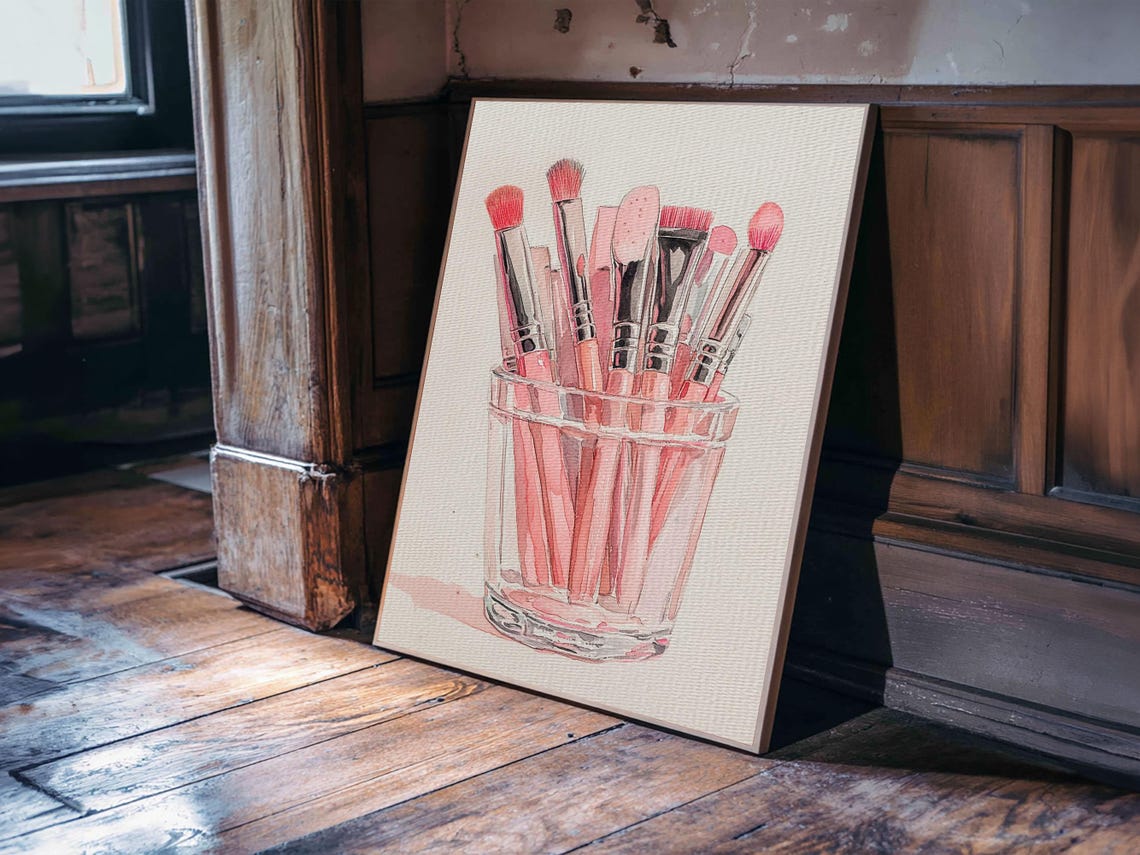 Pink Makeup Brushes in Glass Cup Watercolor Print Vanity Decor Poster - Image 2
