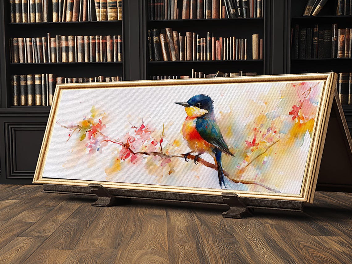 Kingfisher Cherry Blossom Branch Watercolor Bird Art Panoramic Poster - Image 3