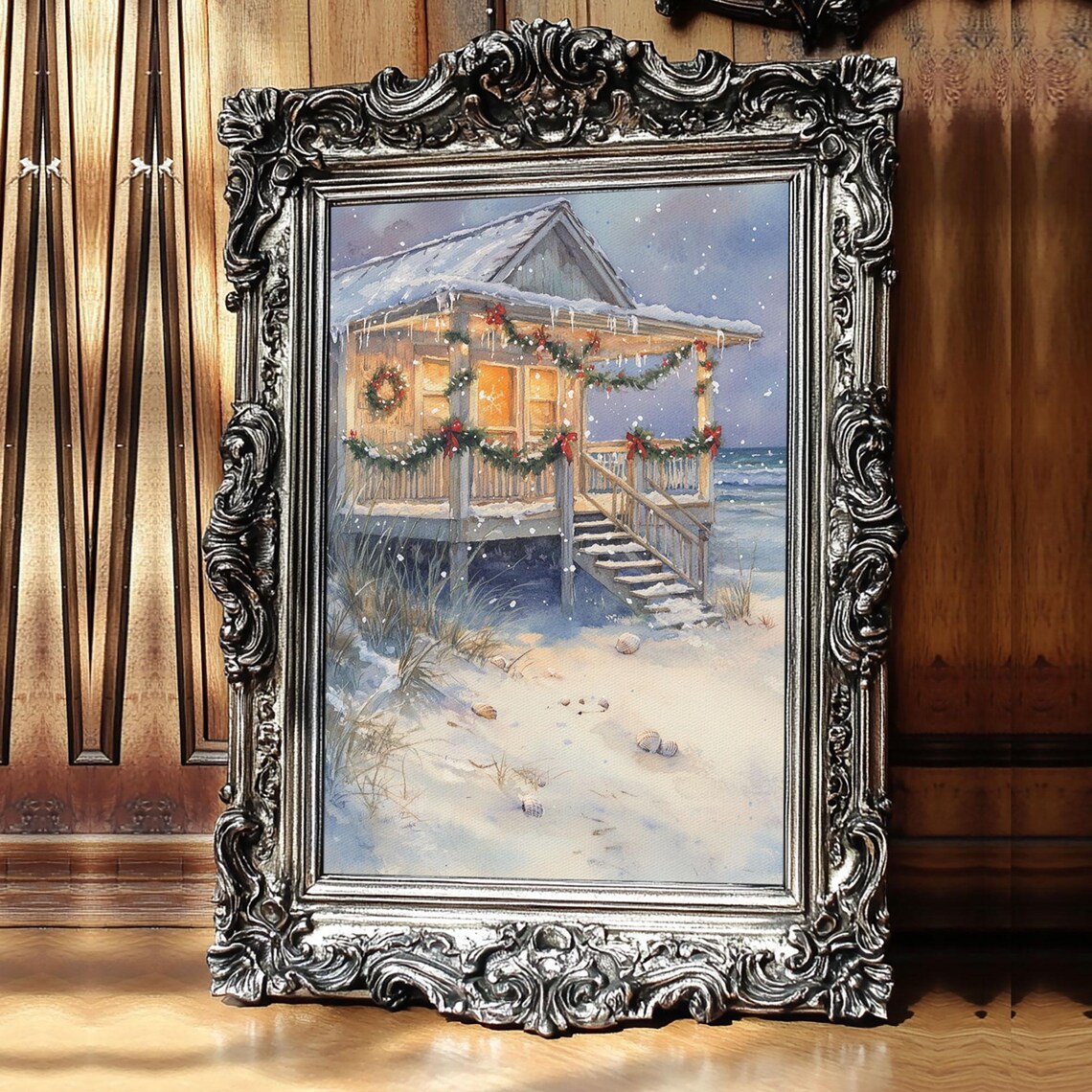 Snowy Beach Cottage Christmas Wreaths Ocean Glow Scene Poster - Image 4