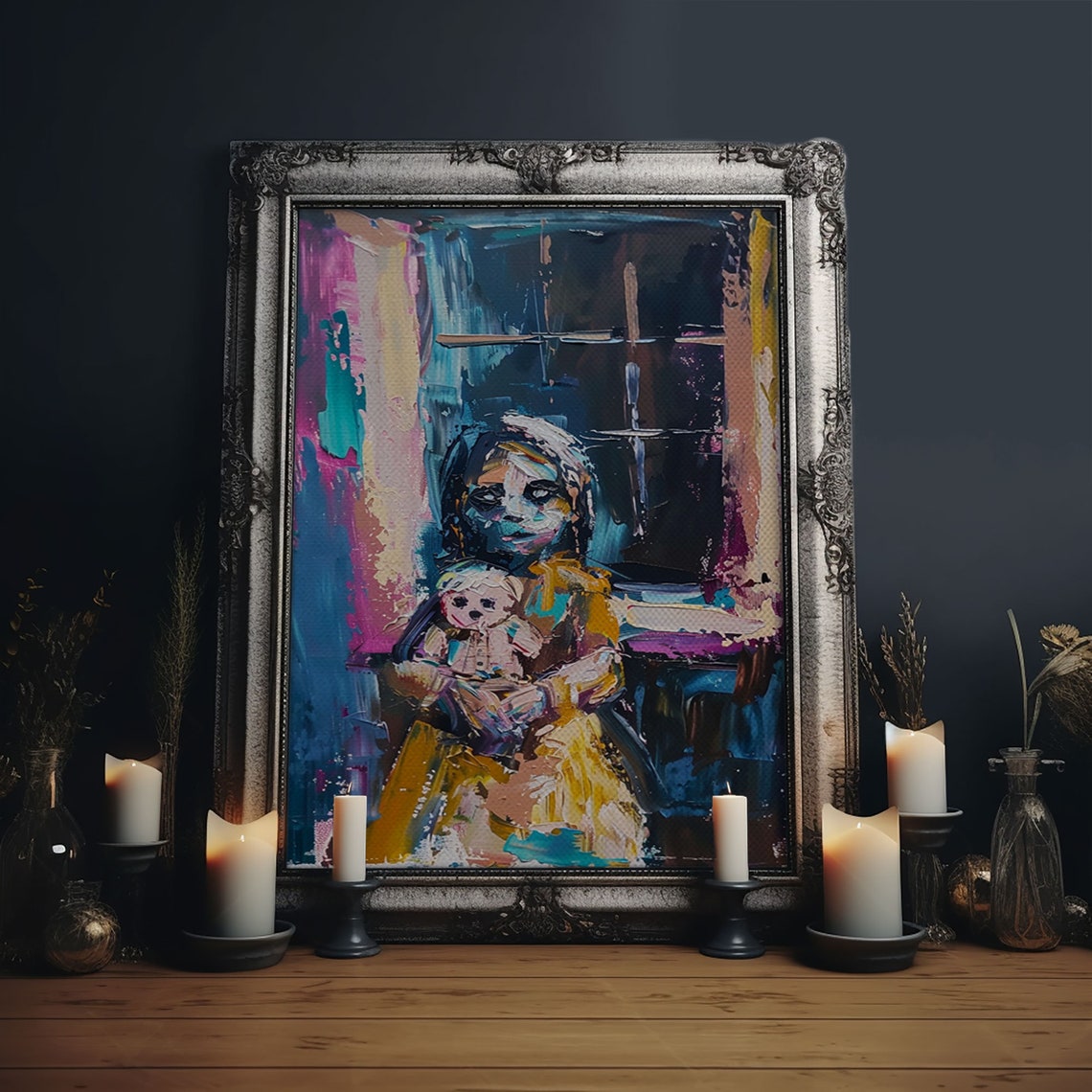 Spooky Girl With Doll Abstract Expressionist Creepy Art Wall Poster