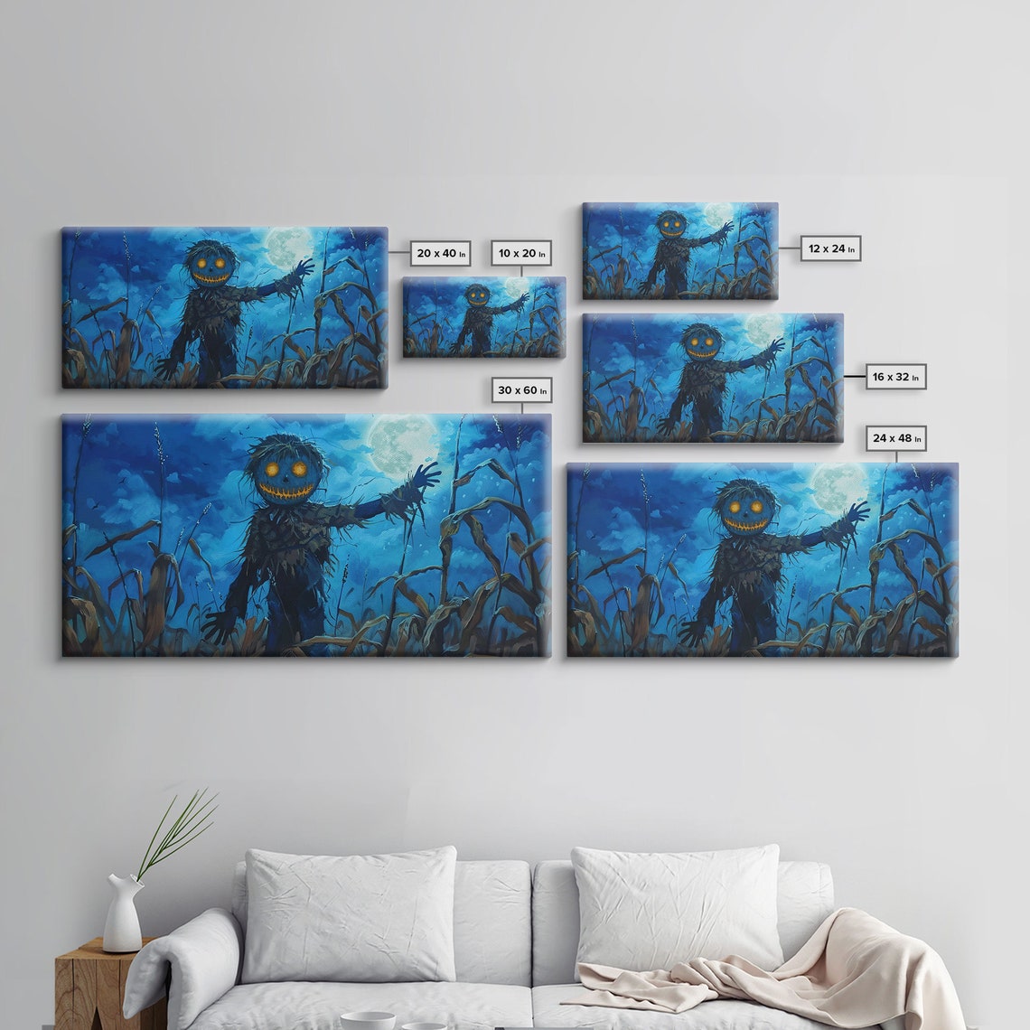 Jack O Lantern Scarecrow Midnight Cornfield Moonlit Halloween Wall Art - Image 2
