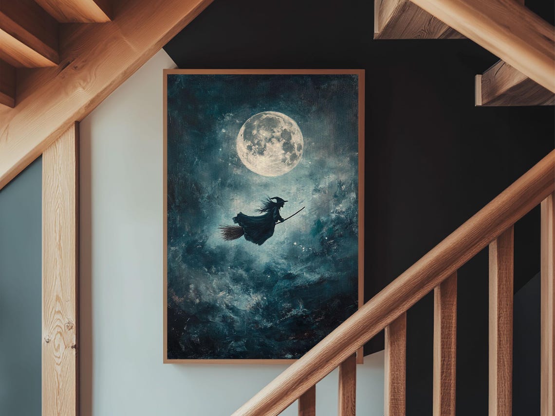 Witch Flying On Broom Under Full Moon Teal Night Sky Wall Art Print