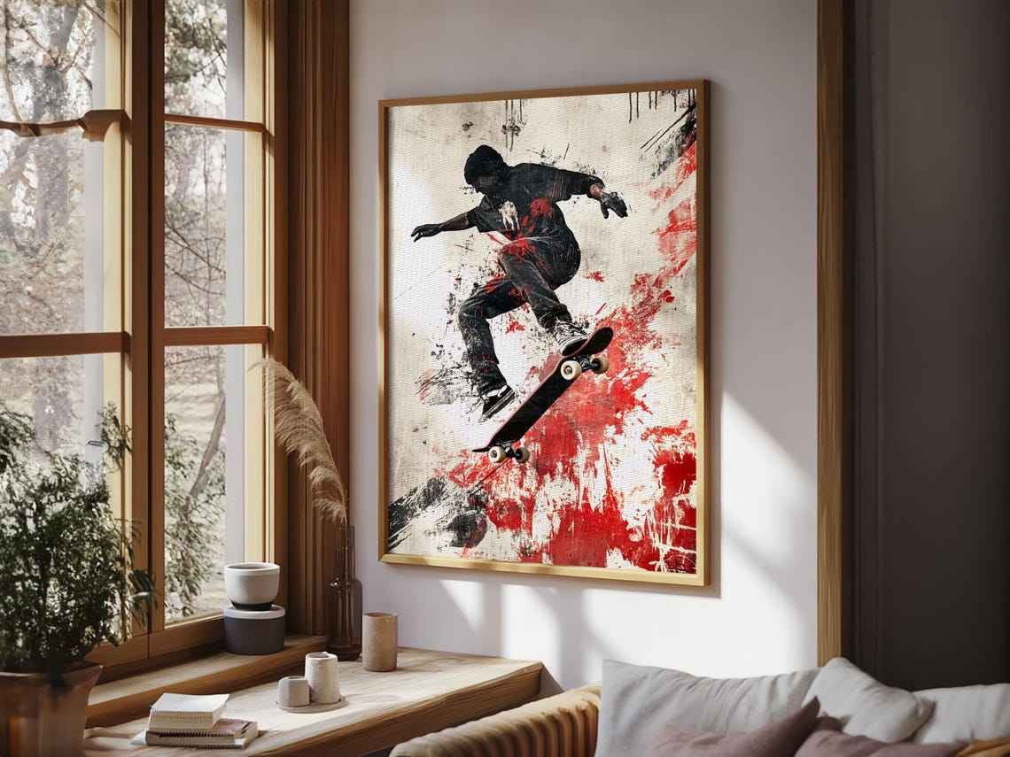 Skateboarder Mid Air Trick Red Splatter Grunge Urban Skate Art Poster - Image 6