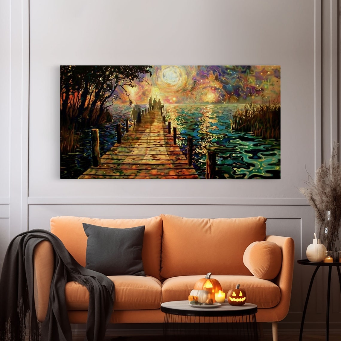 Starry Night Inspired Haunted Ghostly Docks At Night Framed Print Halloween Decor