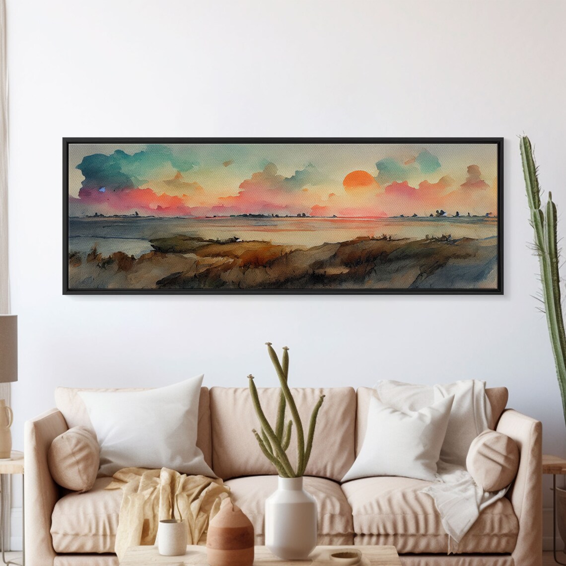 Watercolor Landscape Sunset, Hazy Smoky Sky Art Print