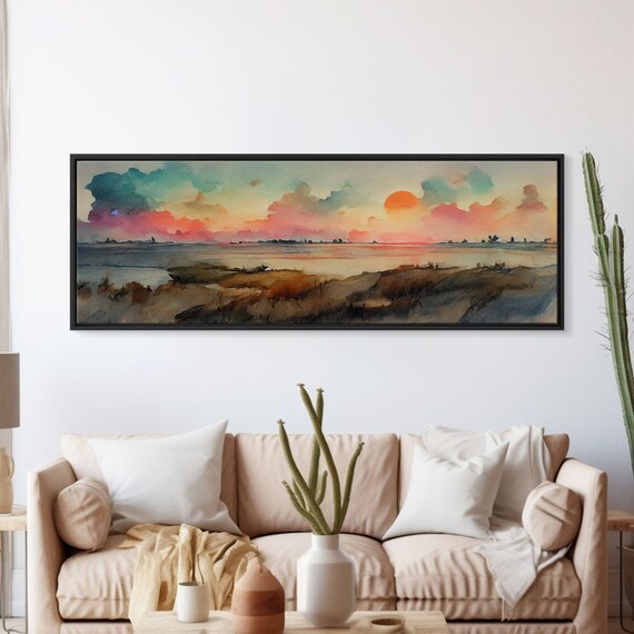 Watercolor Landscape Sunset, Hazy Smoky Sky Art Print