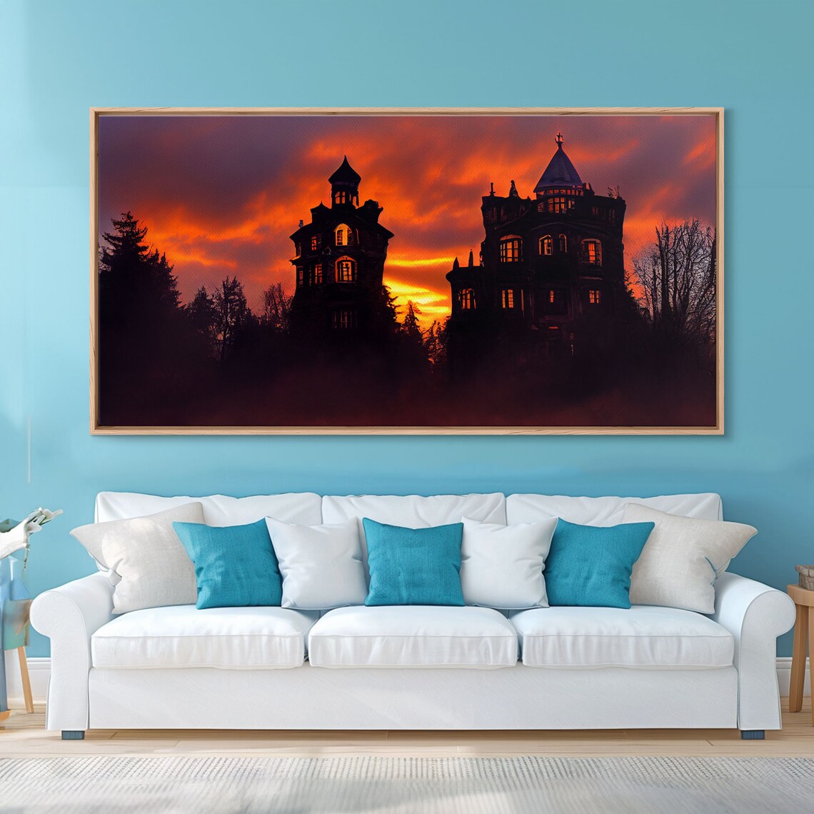 Haunted Victorian Mansion Glowing Windows Fiery Sky Halloween Wall Poster