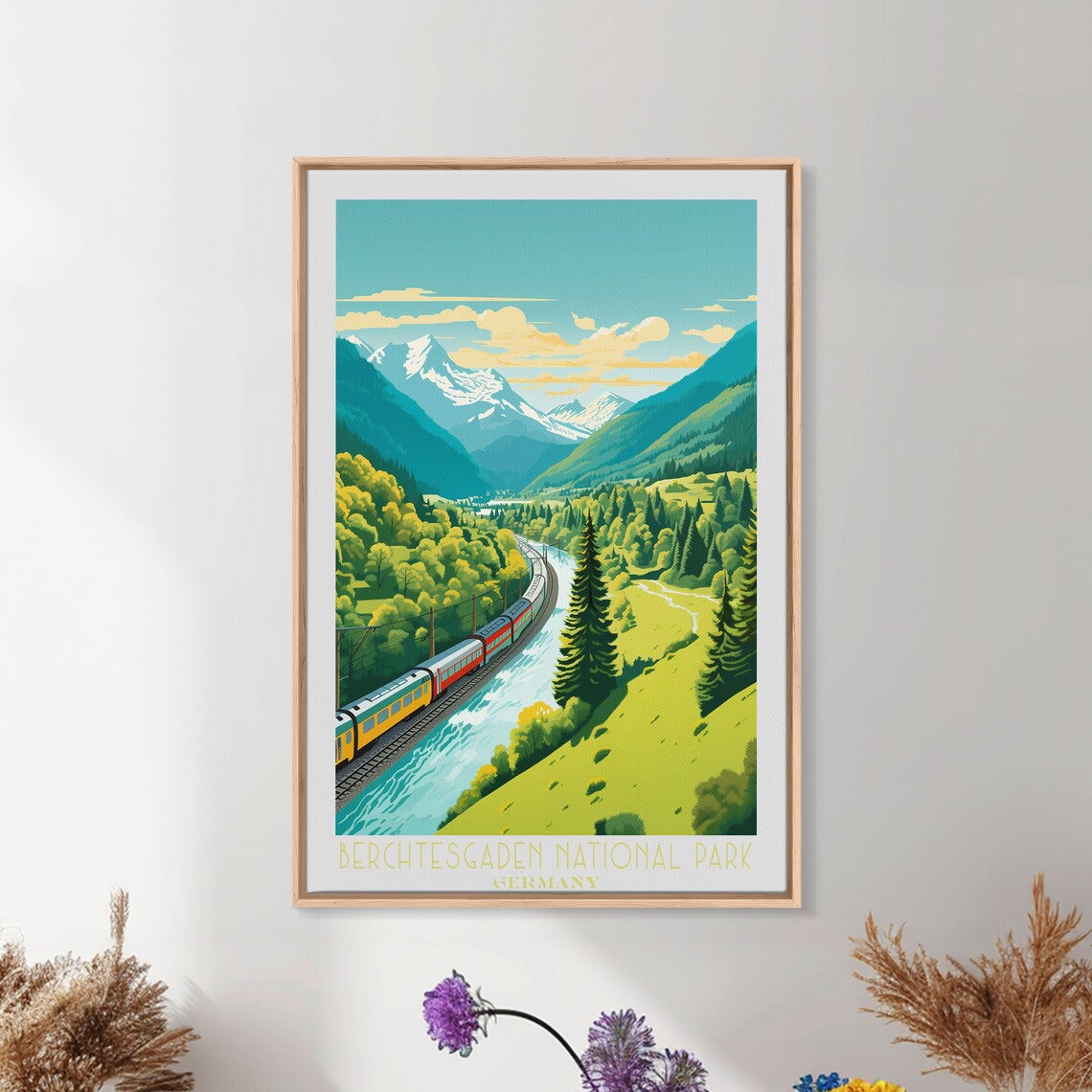 Berchtesgaden Germany Alpine Valley Train River Snow Peaks Travel Poster
