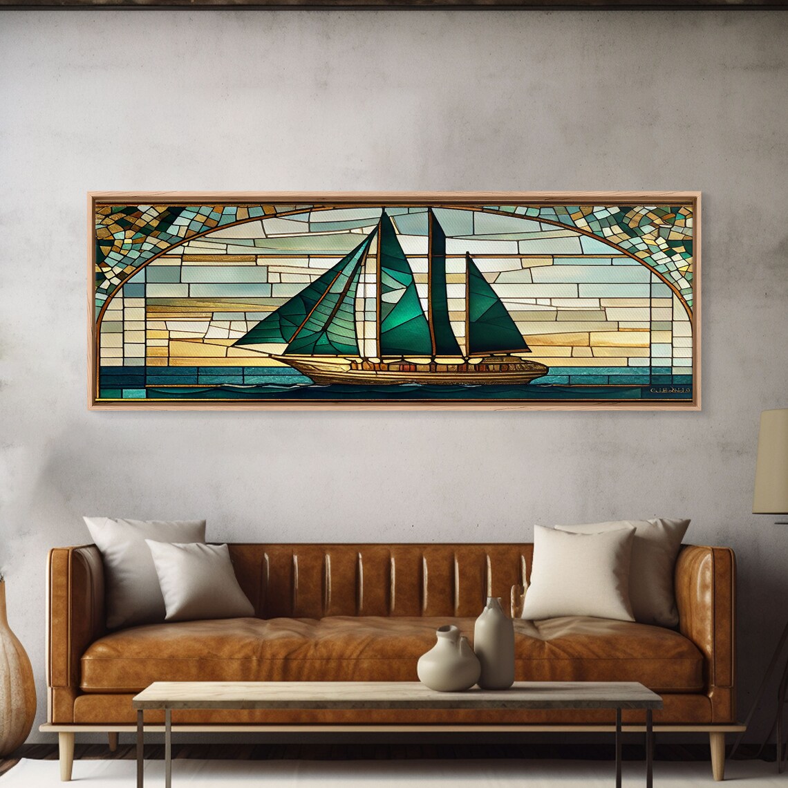 Panoramic Art Deco Sail Boat Stained Glass Art Print