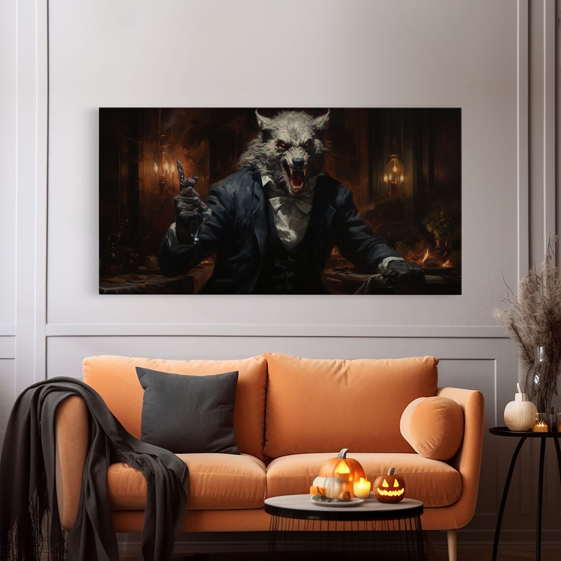 Victorian Gentleman Werewolf Snarling Suit Candlelit Gothic Horror Art Poster