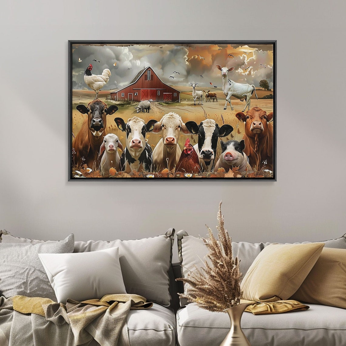Cute Farm Animals Group Portrait Cows Pigs Chickens Barn Art Poster - Image 2