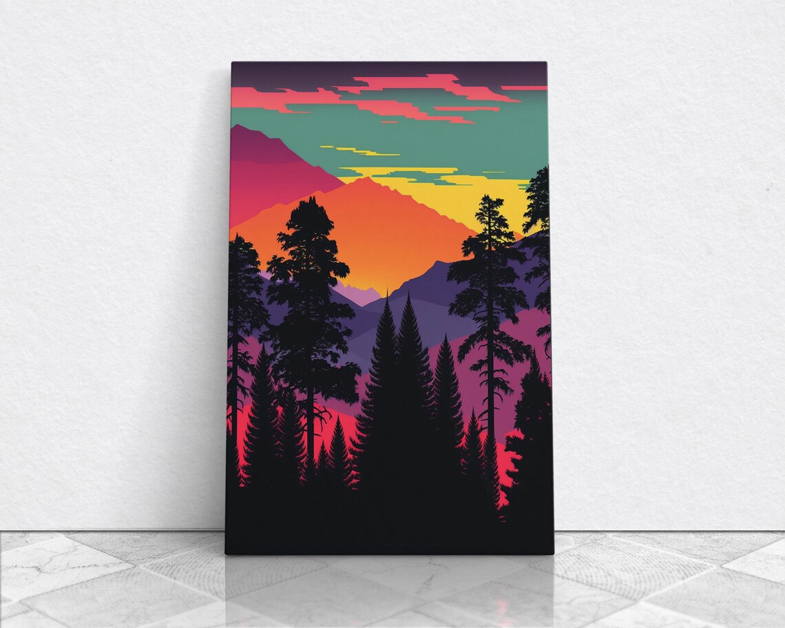 Pacific Northwest Pop Art Framed Prints Washington State Pine Tree Forest And Mountain Landscape At Sunset Vibrant Art