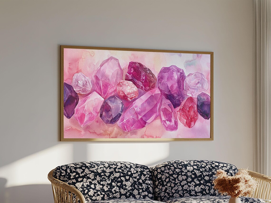 Pink Purple Gemstone Crystals Watercolor Pastel Magical Horizontal Poster - Image 3