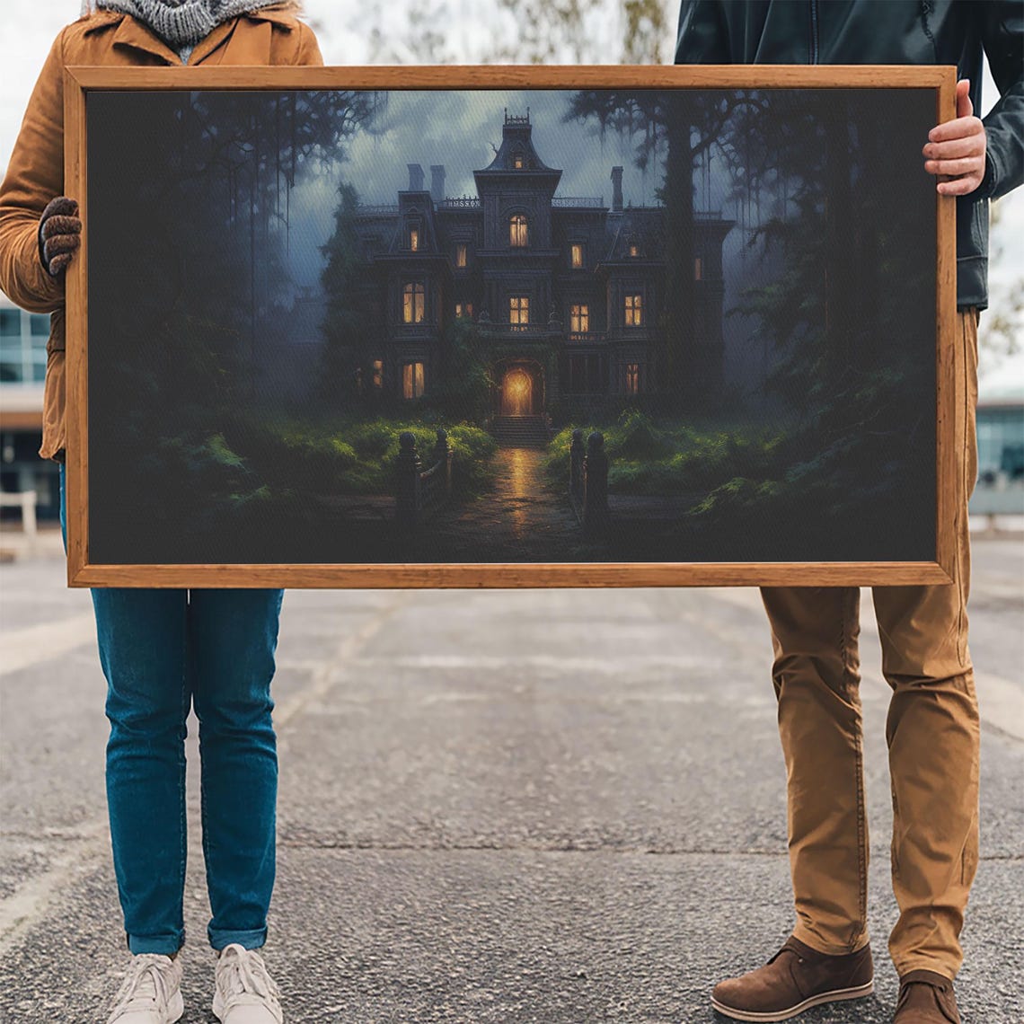 Haunted Victorian Mansion Night Glowing Windows Spooky House Poster - Image 3