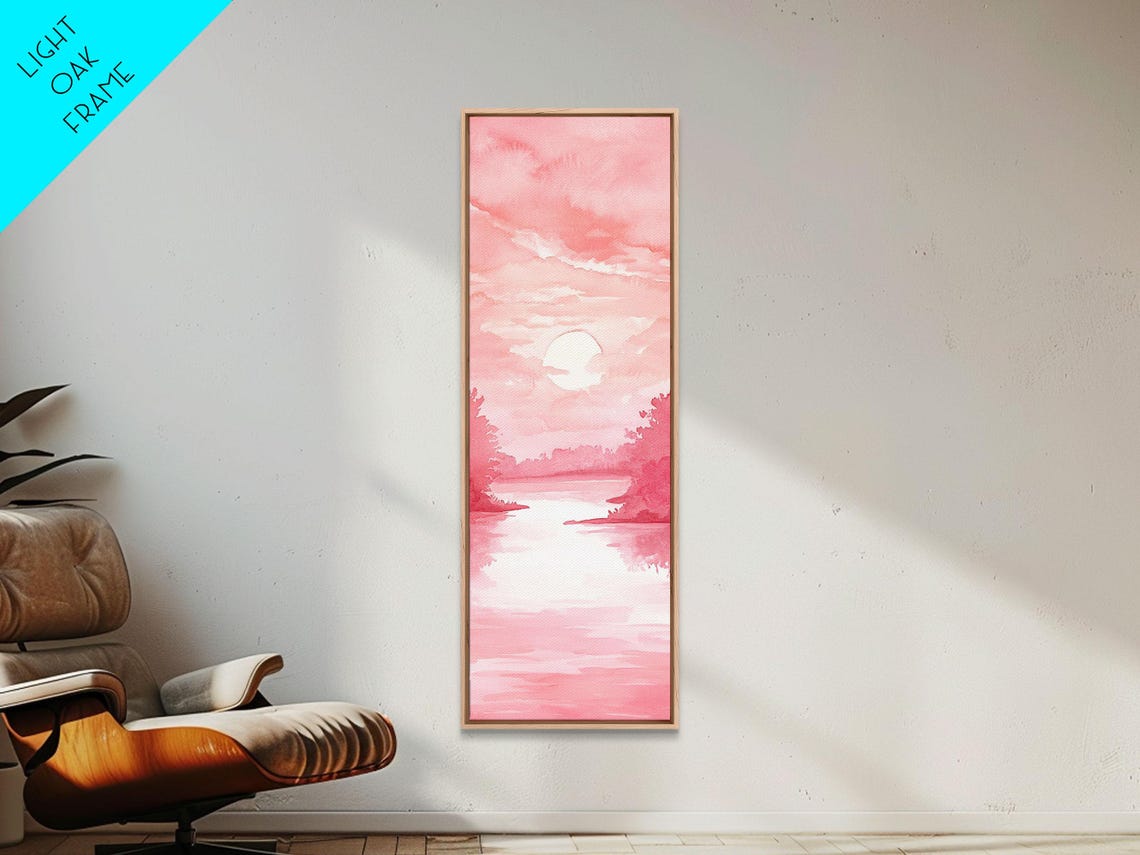 Pink Sunset Lake Watercolor Landscape Painting Vertical Wall Art - Image 6