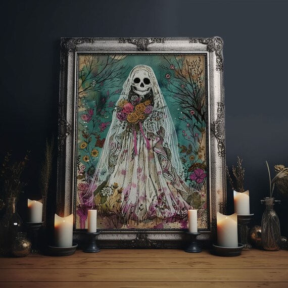 Ghostly Skeleton Bride Veil Roses Botanical Watercolor Art Poster