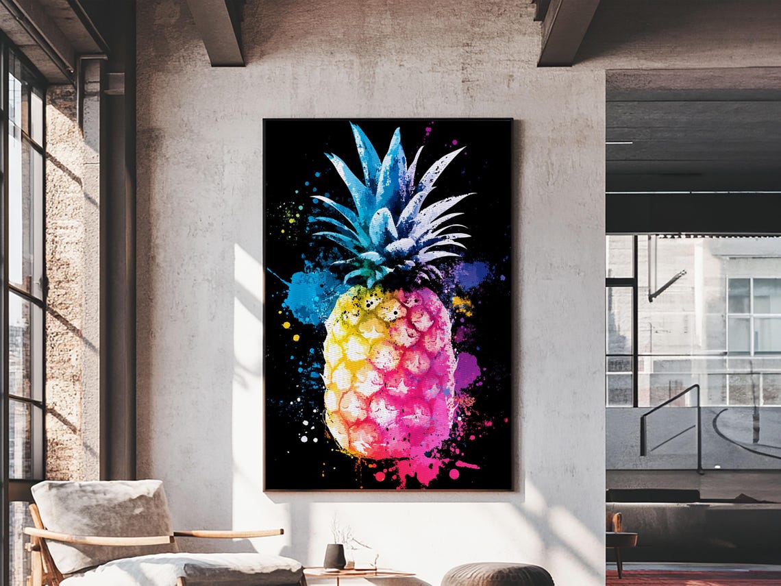 Neon Pineapple Watercolor Black Background Pop Art Kitchen Poster