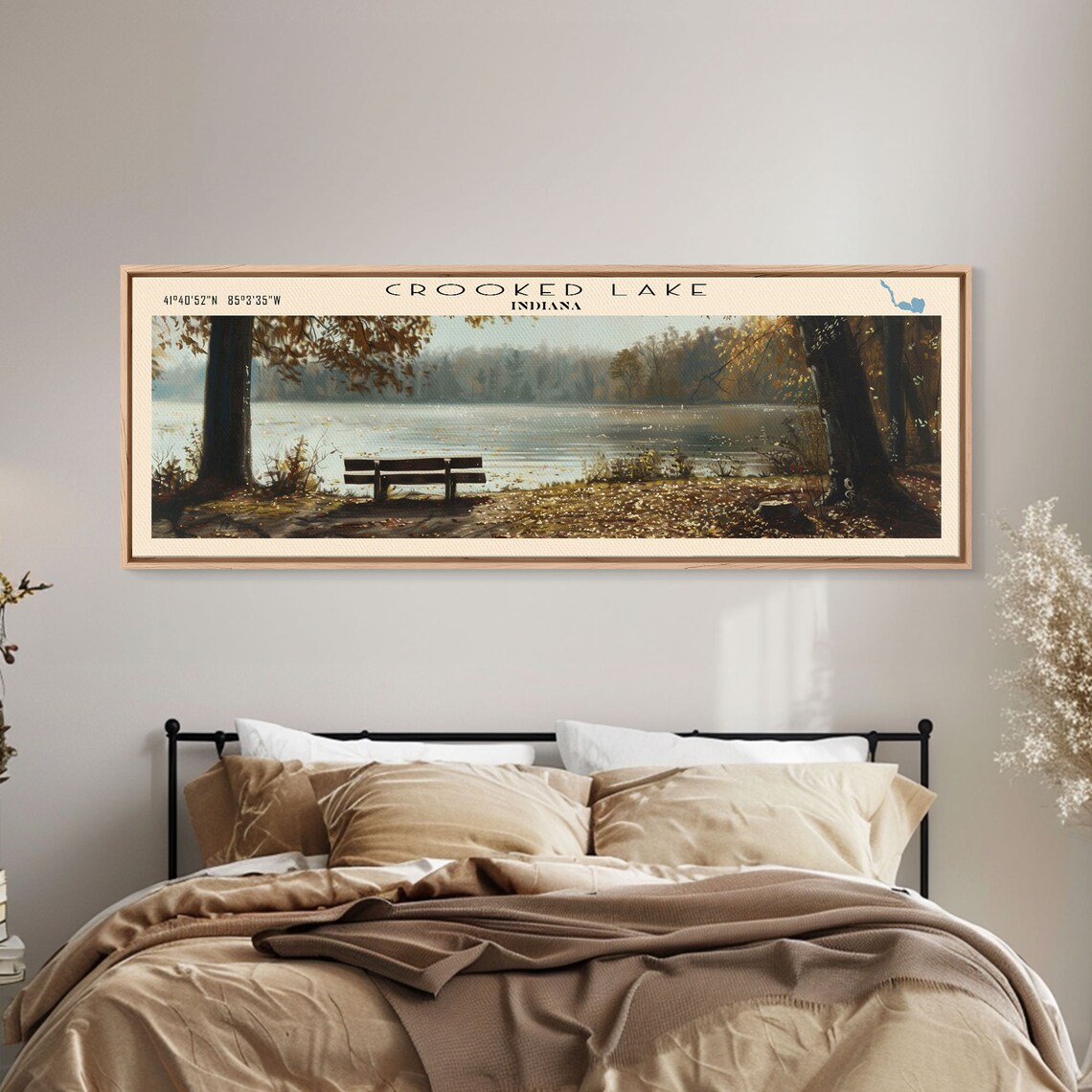 Crooked Lake Indiana Autumn Bench Fall Lakeside View Travel Poster - Image 2