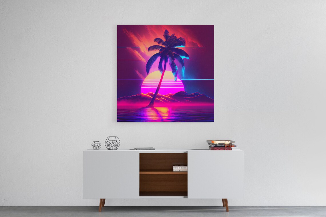 Neon Full Moon, Outrun Style Tropical Art Print - Image 6