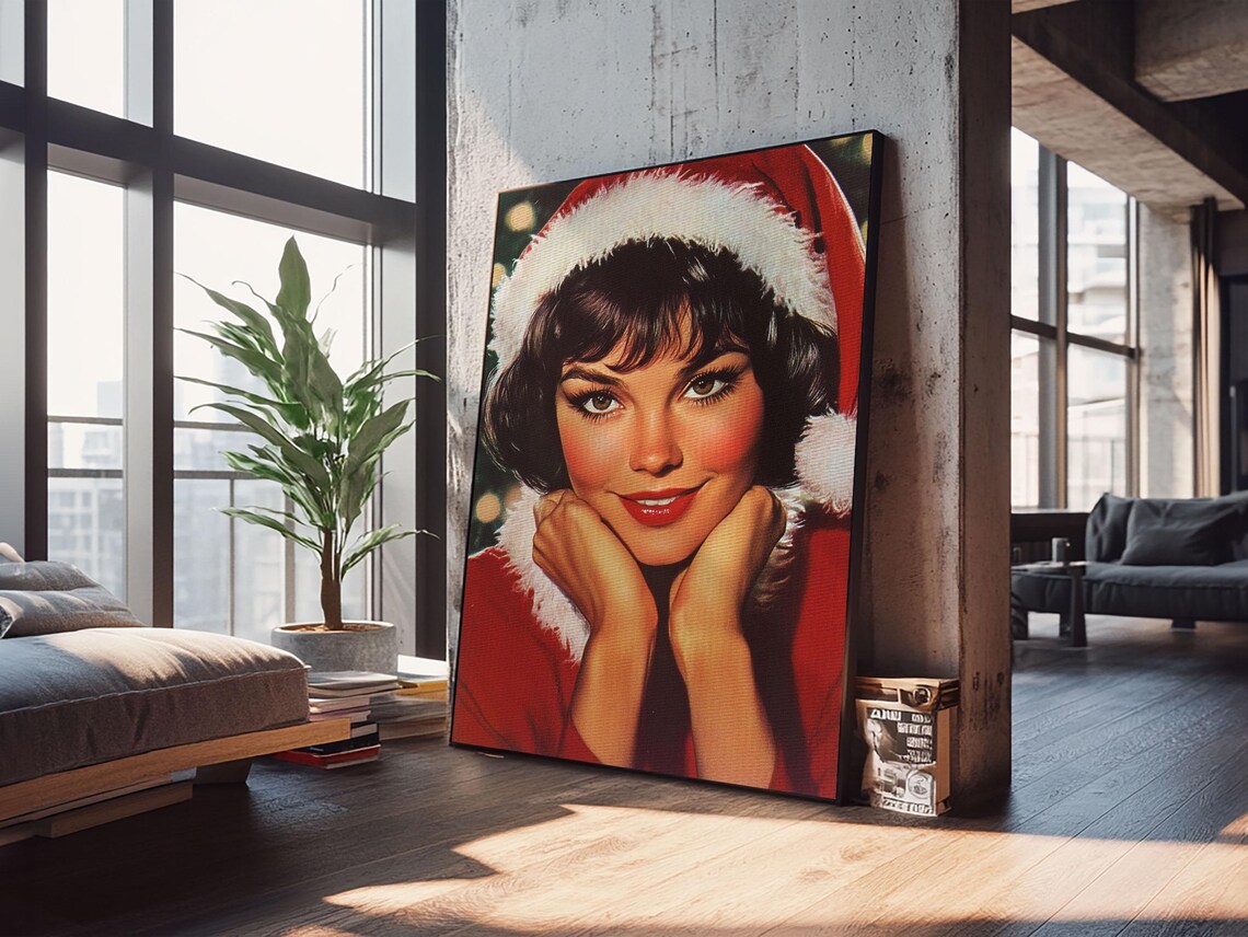 Vintage Christmas Woman Santa Hat Pin Up Retro Portrait Holiday Poster - Image 4