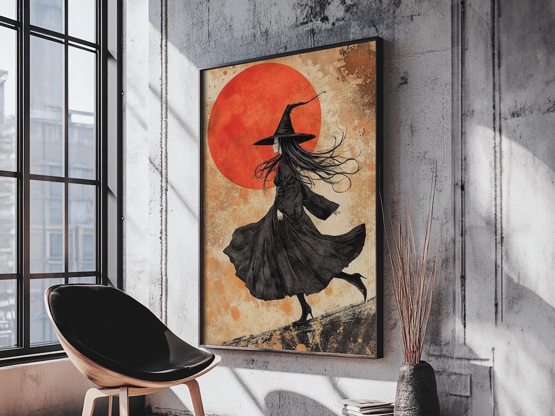 Vintage Witch In Black Dress Under Red Moon Halloween Art Print - Image 2