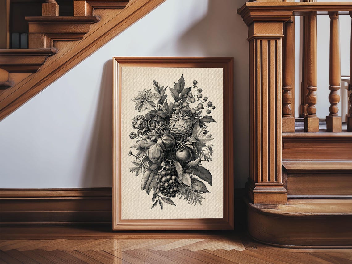 Vintage Fruit and Foliage Bouquet Black Botanical Engraving Art Print - Image 2