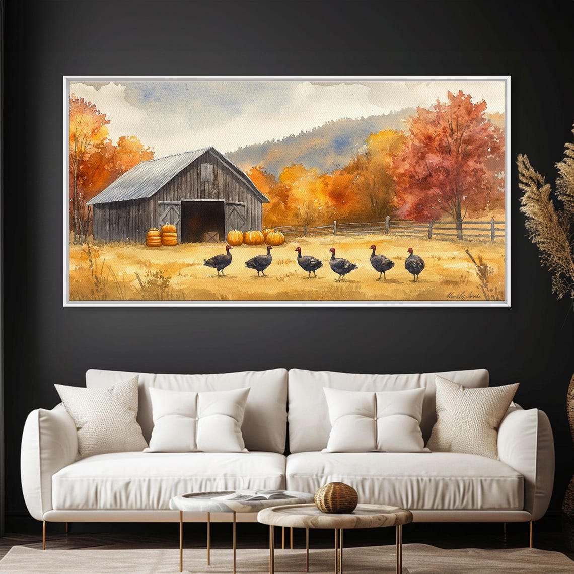 Turkeys Marching Past Rustic Barn With Pumpkins Autumn Art Print - Image 4