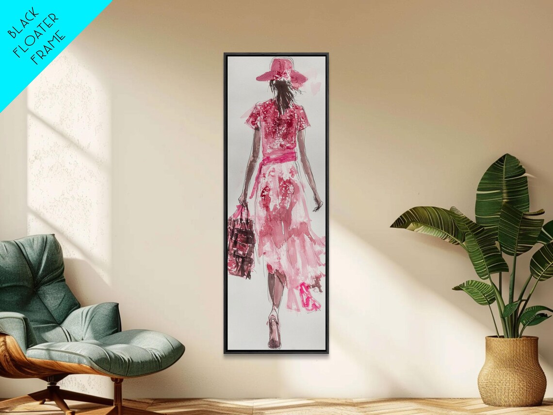 Fashion Illustration Watercolor Red Dress Walking Woman Vertical Art Poster - Image 4
