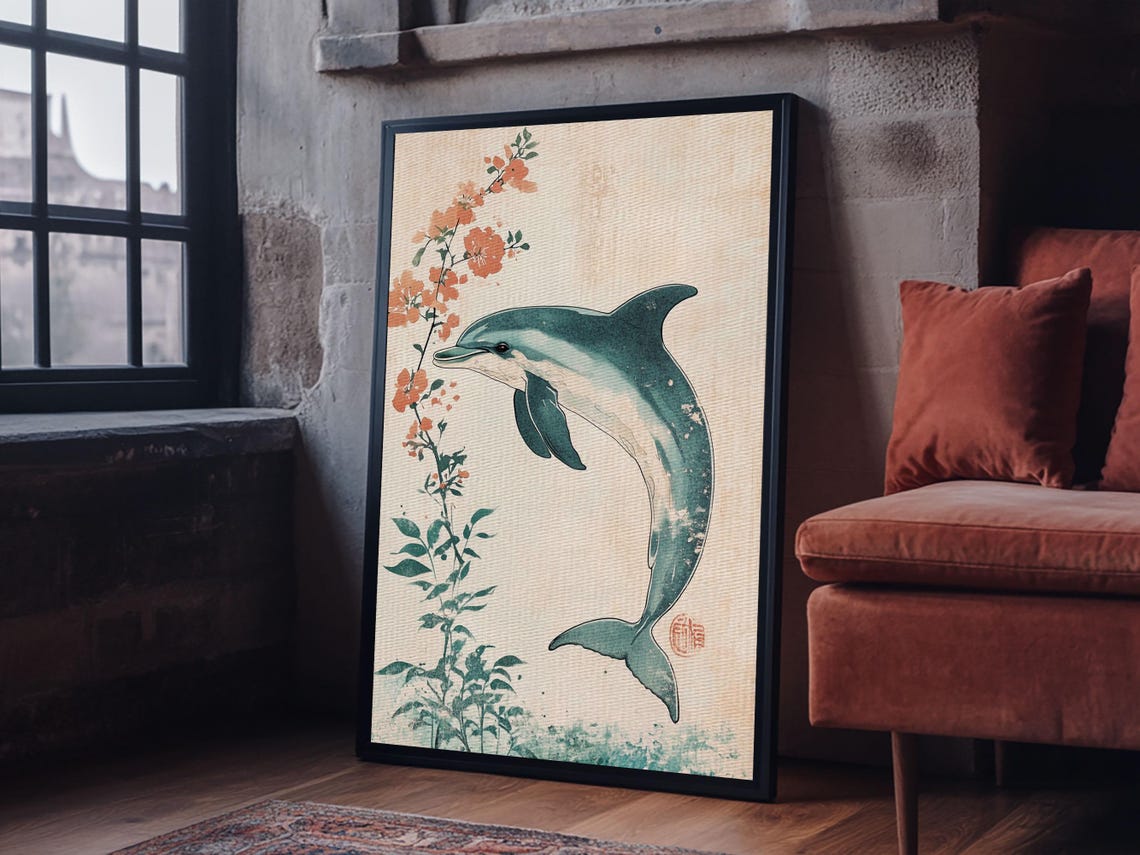 Japanese Dolphin With Cherry Blossoms Watercolor Style Animal Wall Art - Image 6