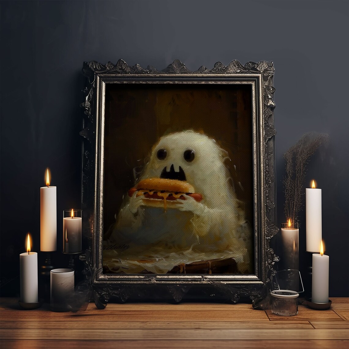 Cute Ghost Chomping Hot Dog, Funny Halloween Art Print - Image 6