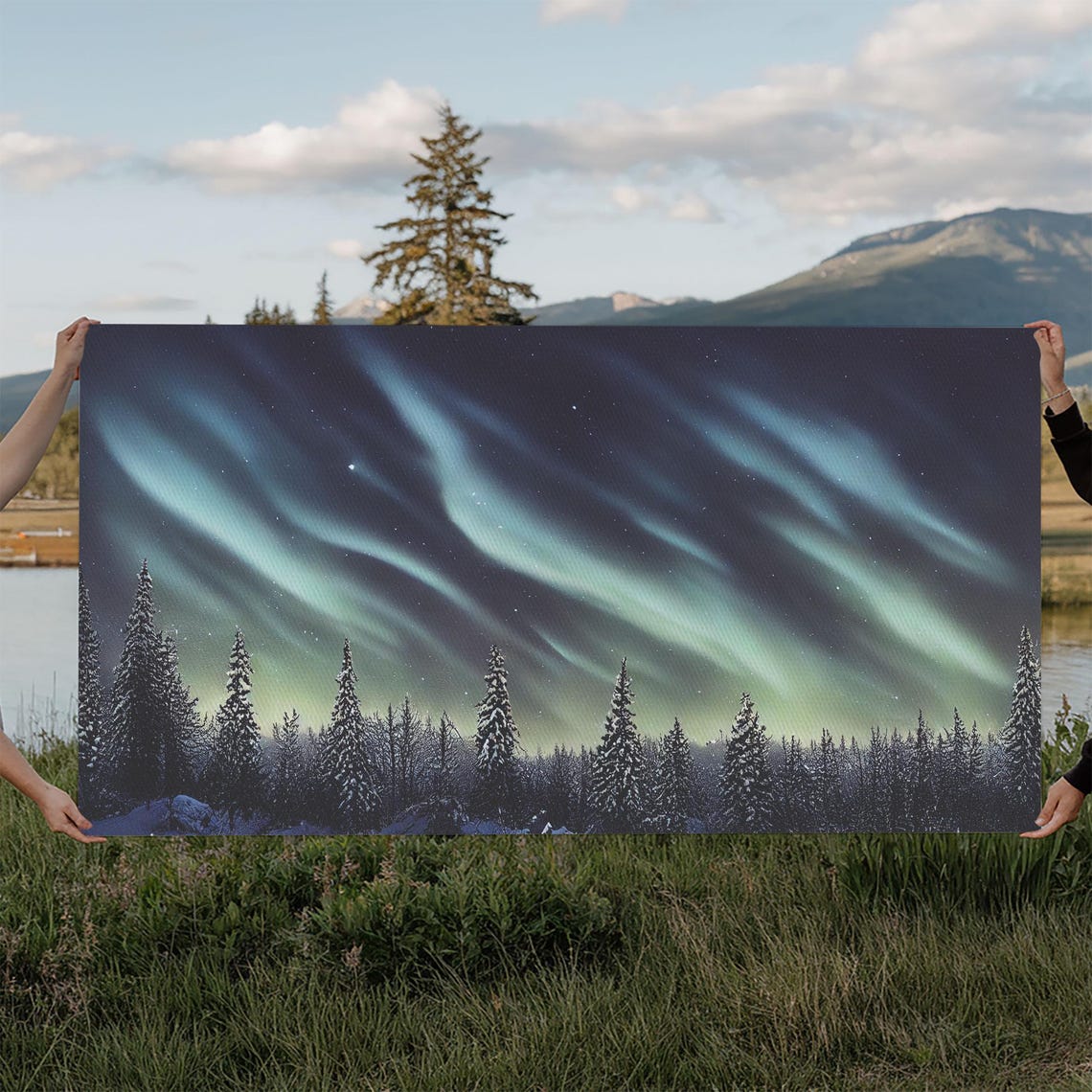 Aurora Borealis Northern Lights Snowy Pine Forest Night Sky Poster