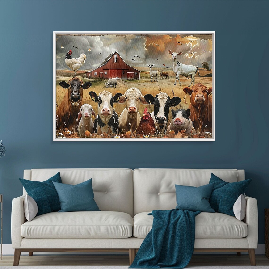 Cute Farm Animals Group Portrait Cows Pigs Chickens Barn Art Poster